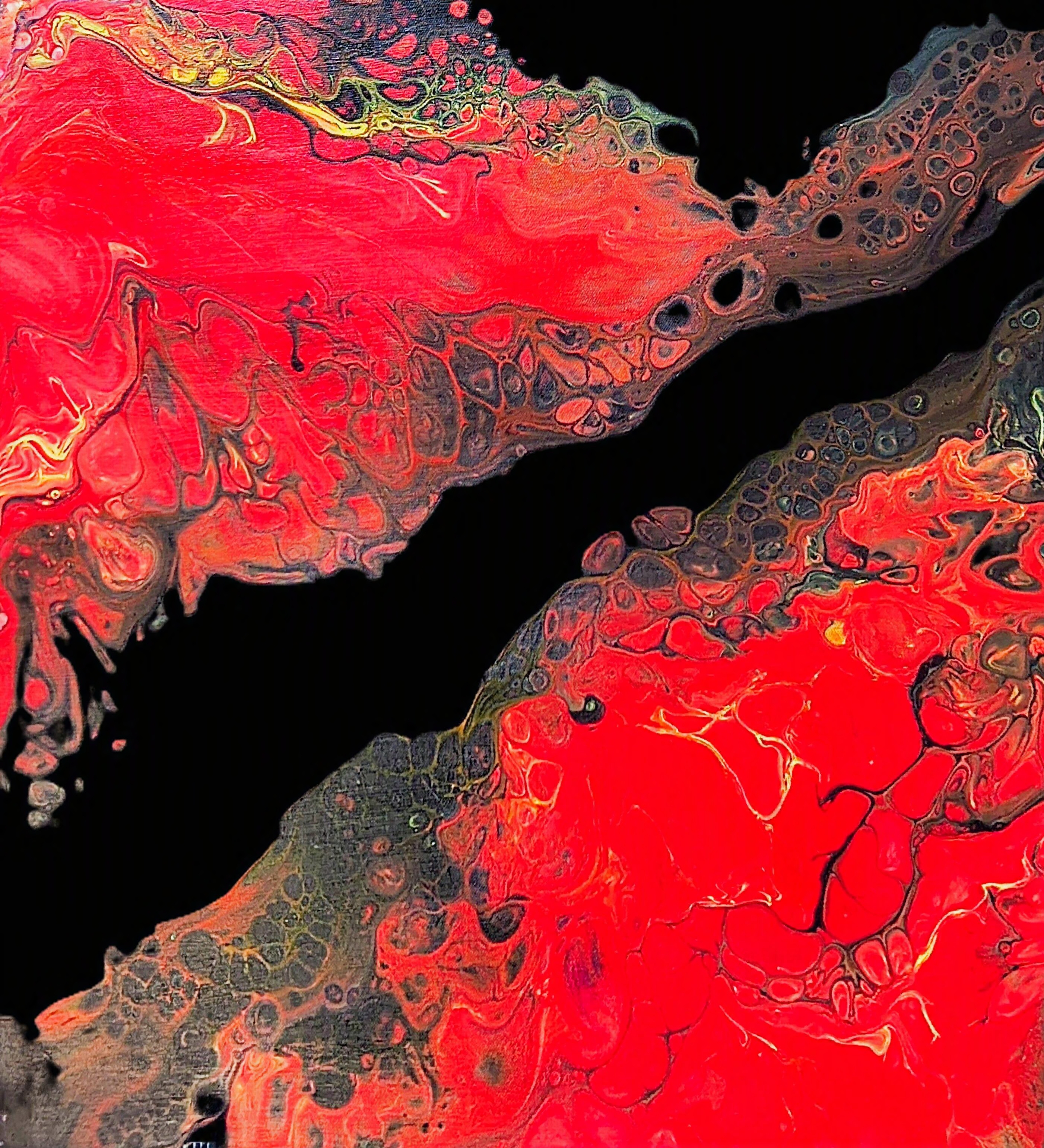 Crimson Rift — vivid red and gold abstract forms divided by a sweeping black channel, by Chris Broussard
